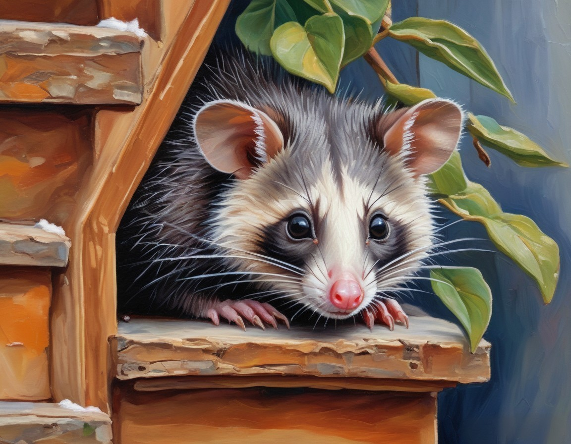 Opossum Peeking from Wooden Stairway Among Greenery