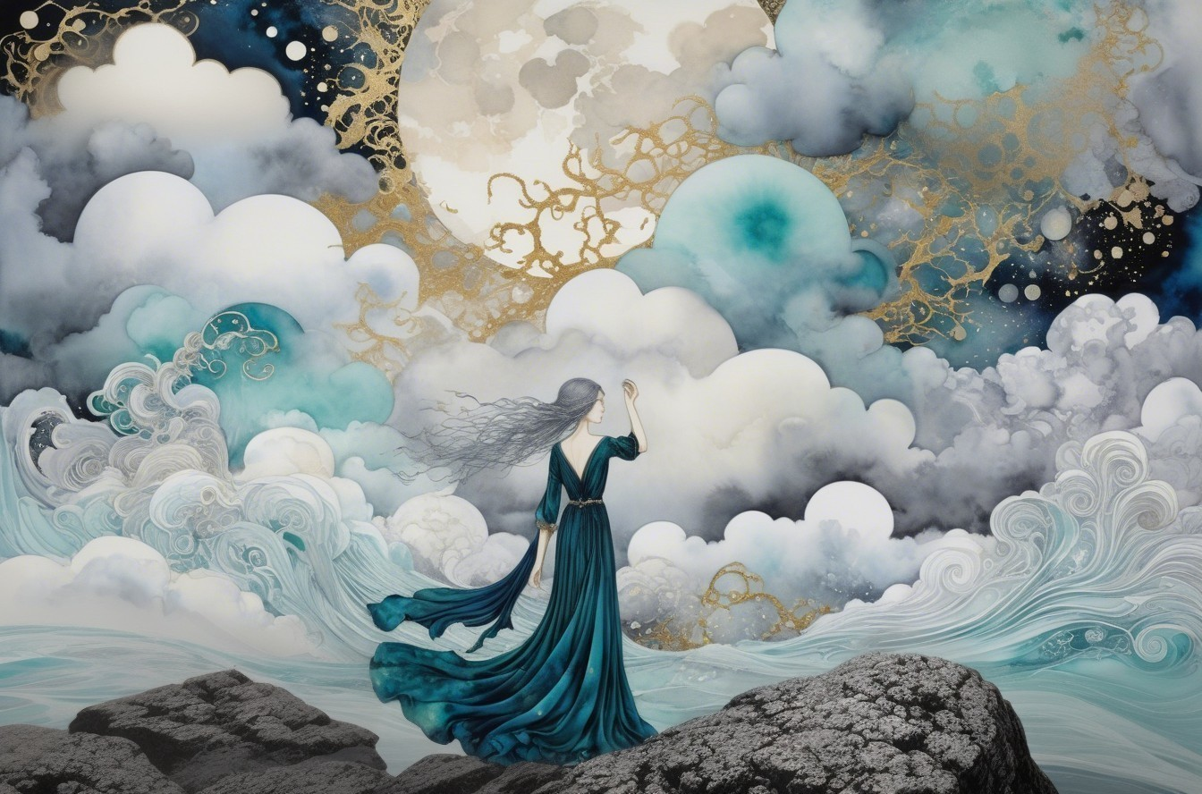 Woman in Teal Gown on Rocky Shoreline at Night