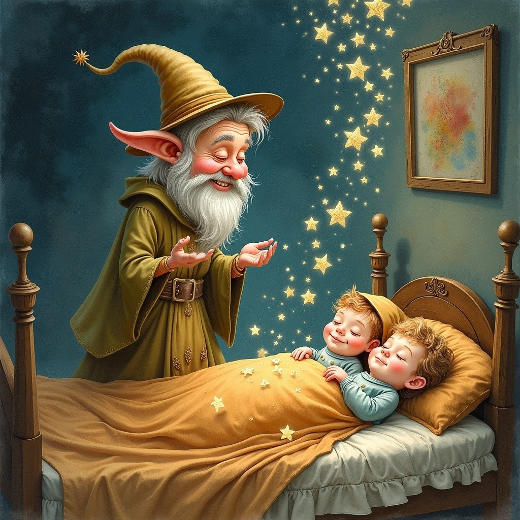 Whimsical Wizard Sprinkling Stars Over Sleeping Children