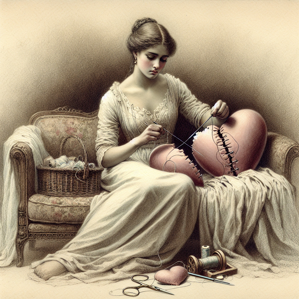Young woman sewing a pink heart on a vintage couch