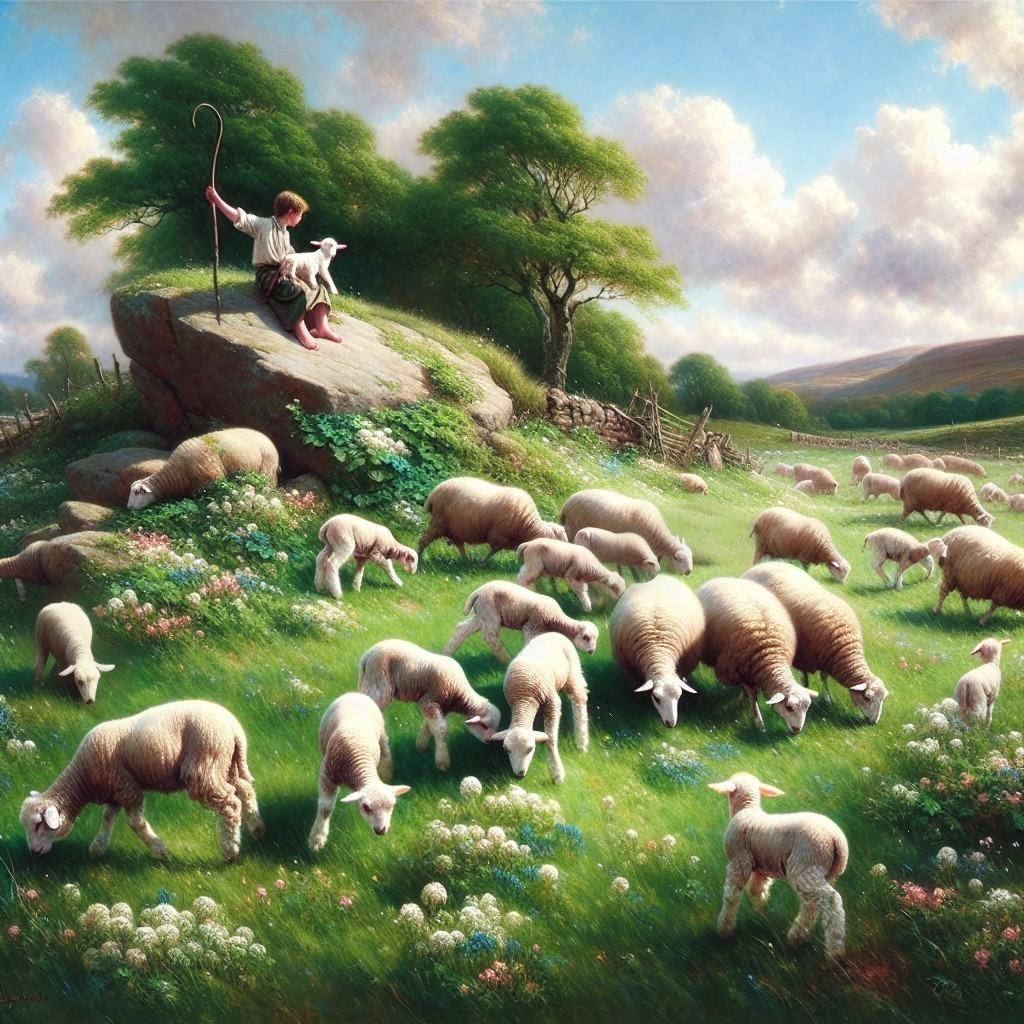 Pastoral Scene of Shepherd with Grazing Sheep