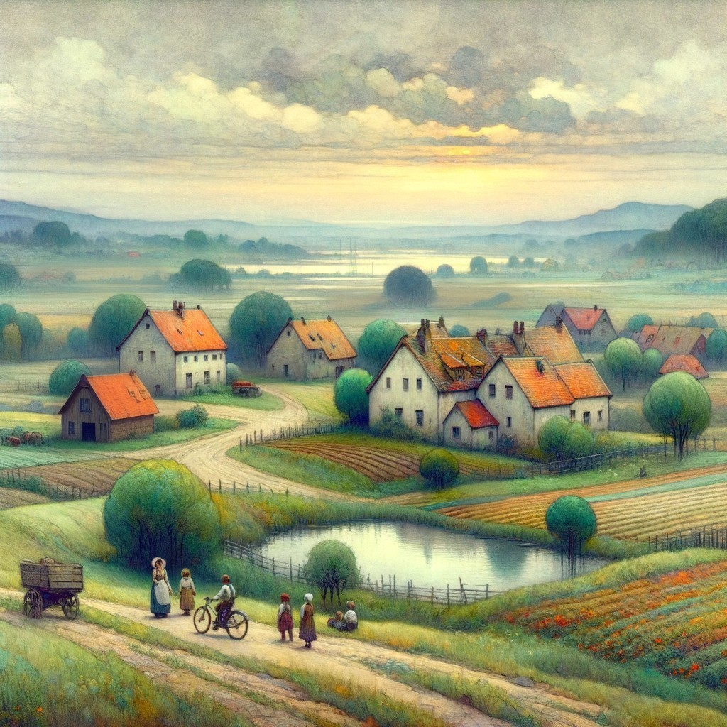 Countryside Landscape with Houses and Tranquil Pond