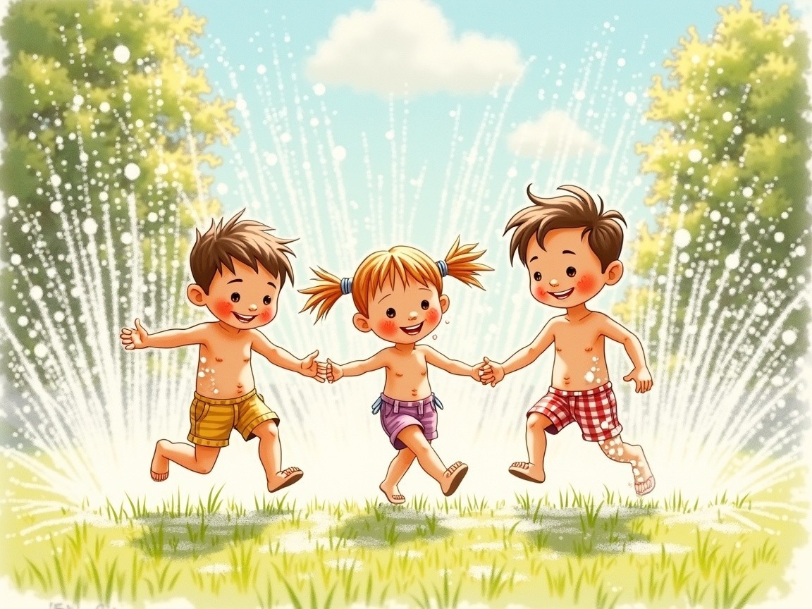 Children Playing in Sunny Outdoor Water Feature