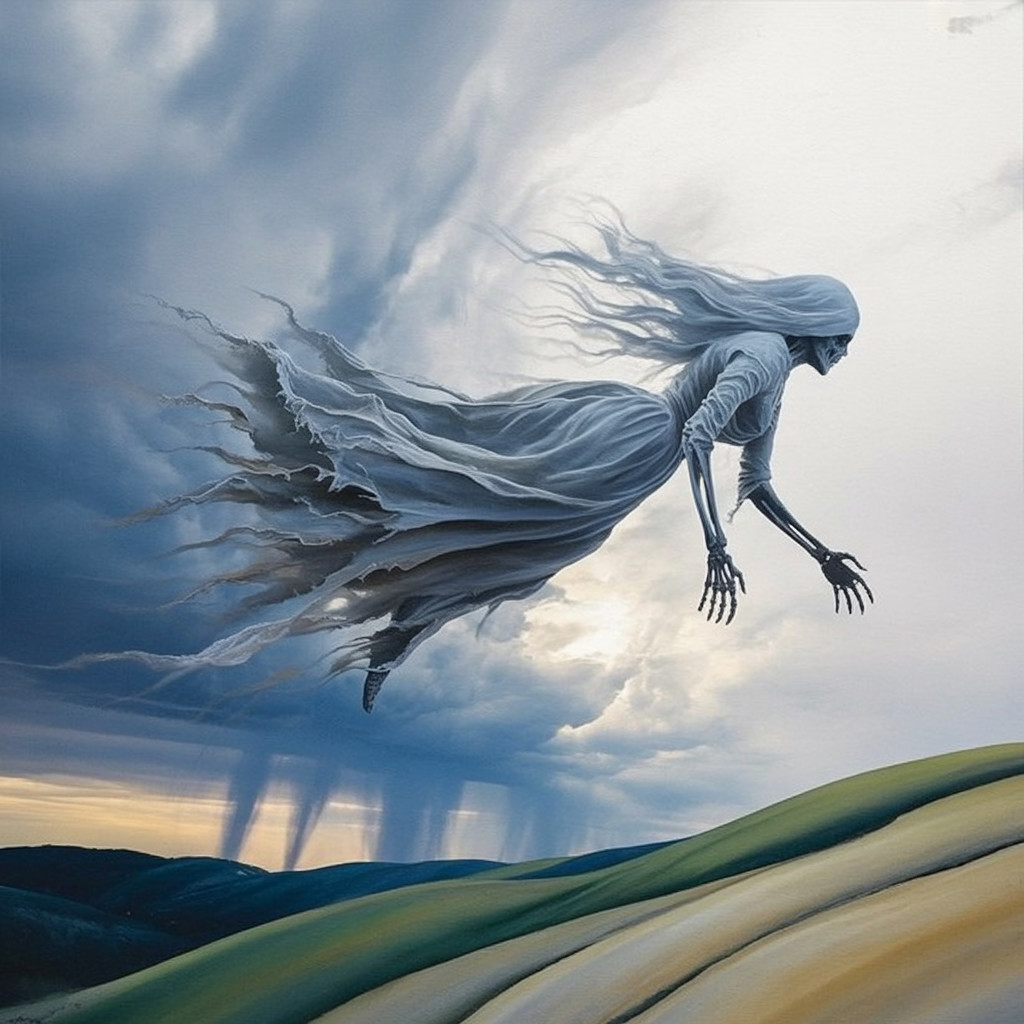 Ghostly Figure Gliding Above Dramatic Landscape