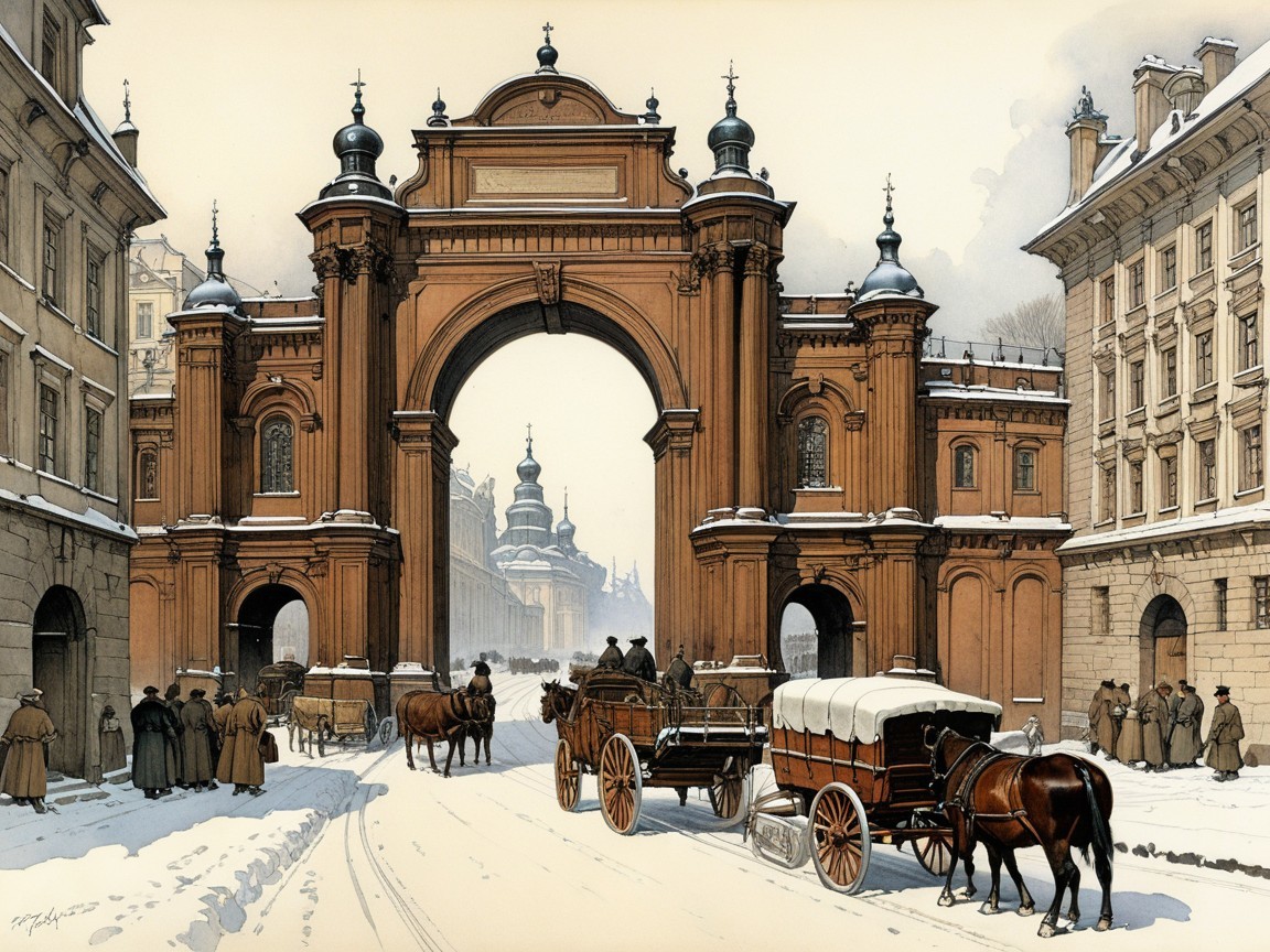 Historic winter scene with ornate archway and carriages