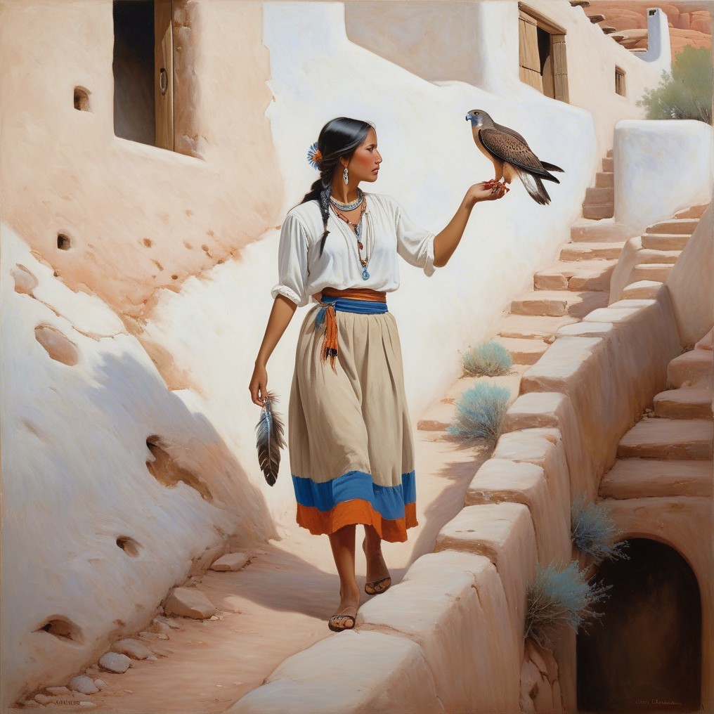 Young Woman in Traditional Attire with Falcon on Path