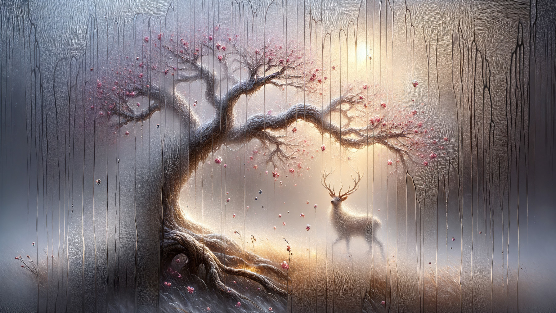 Majestic deer beneath a gnarled tree with blossoms