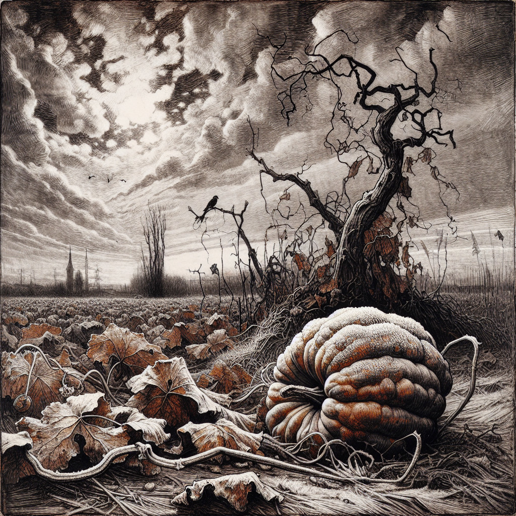 Solitary Pumpkin in a Desolate Landscape Scene