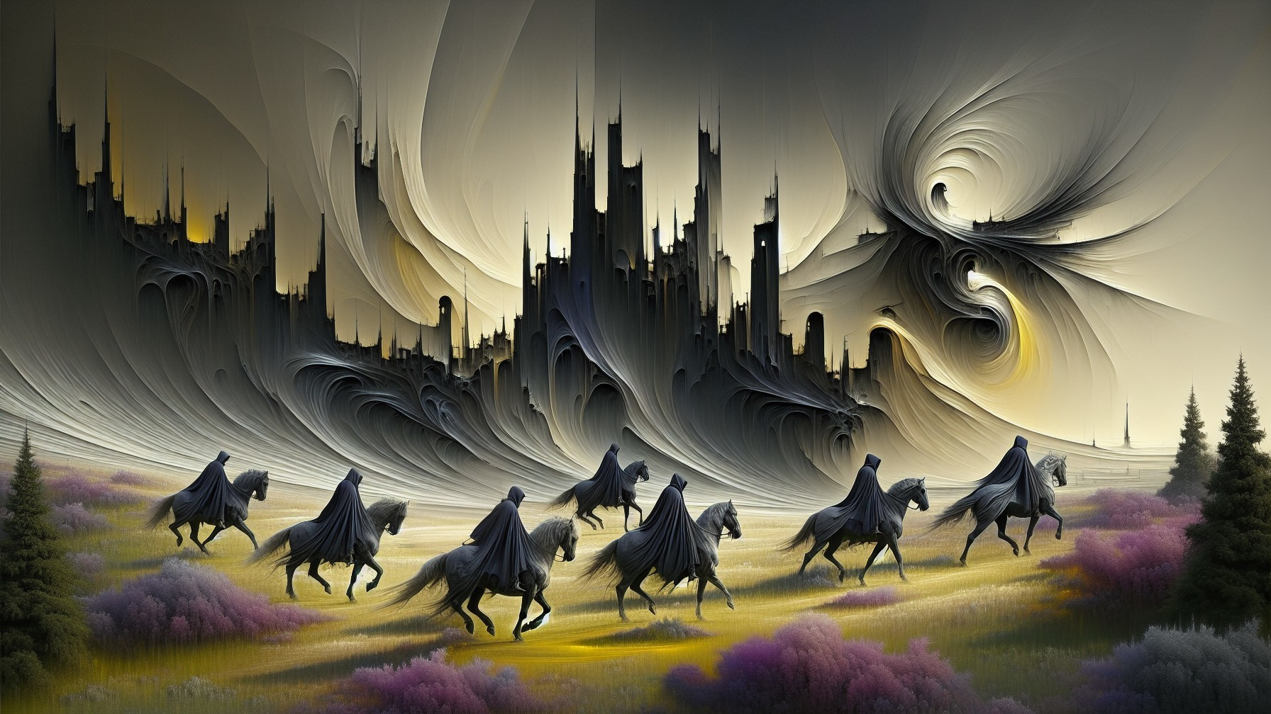 Surreal Landscape with Cloaked Figures and Abstract Structures