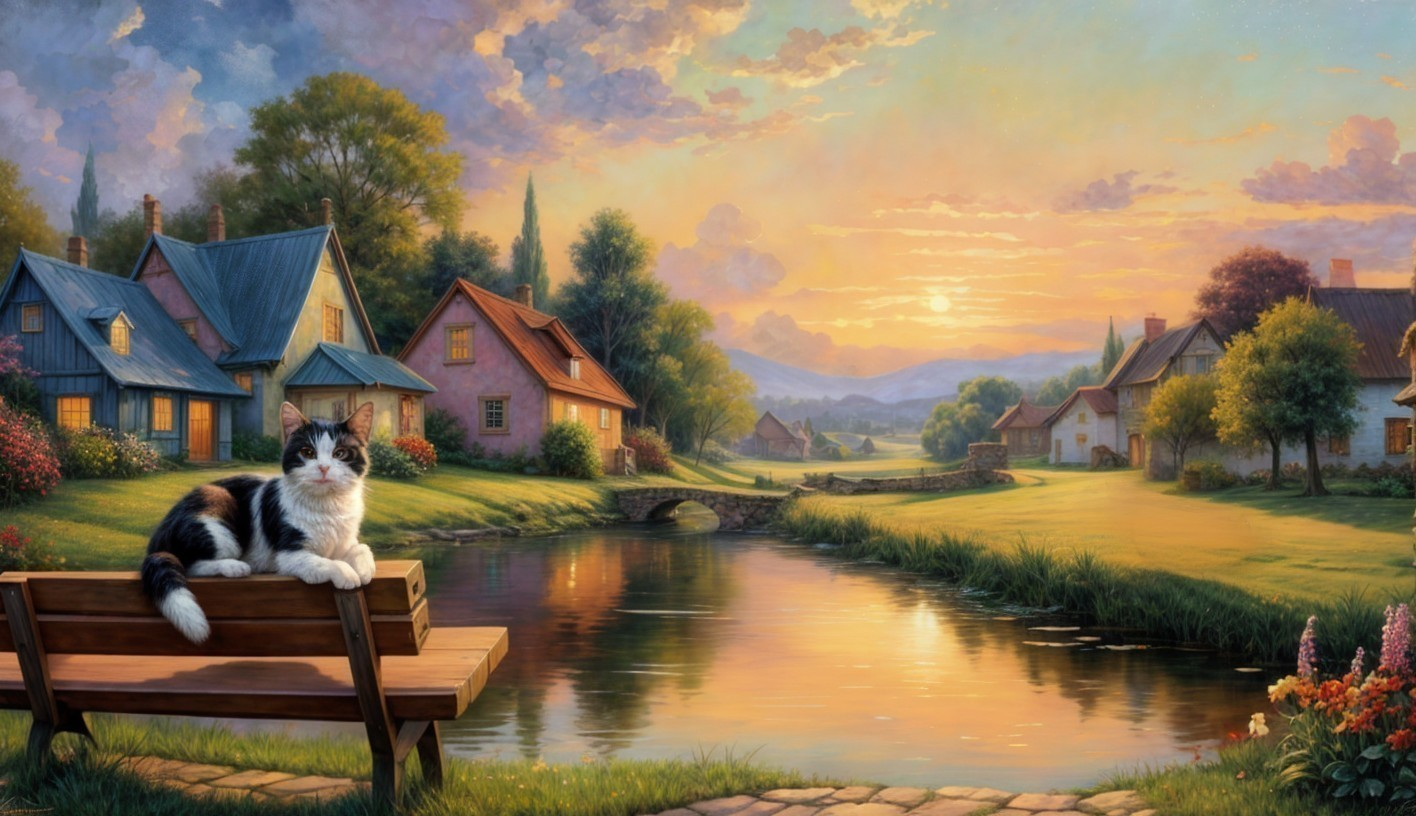 Tranquil Sunset Over a Serene Village Landscape
