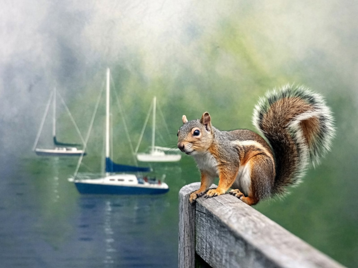 Squirrel on Railing with Serene Water Background