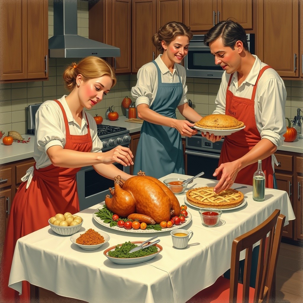 Cozy Kitchen with Vintage Aprons and Festive Meal