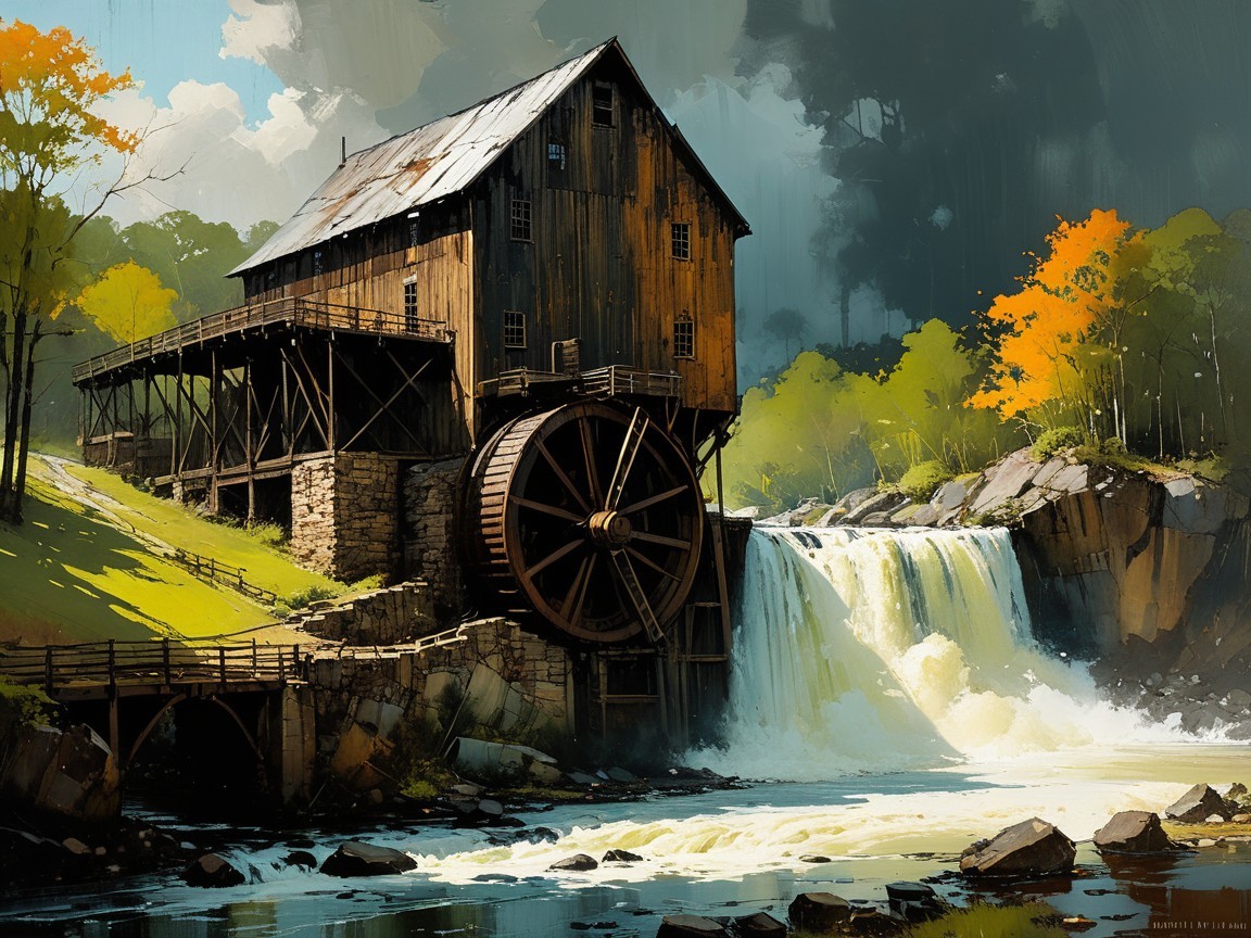 Watermill by Waterfall Surrounded by Autumn Foliage