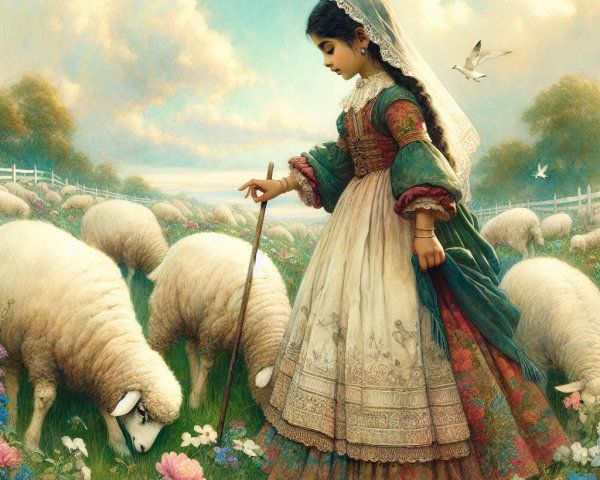 Young girl in traditional dress in pastoral landscape