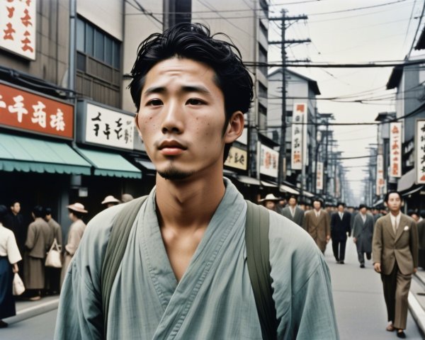 Young man in traditional attire on a busy street