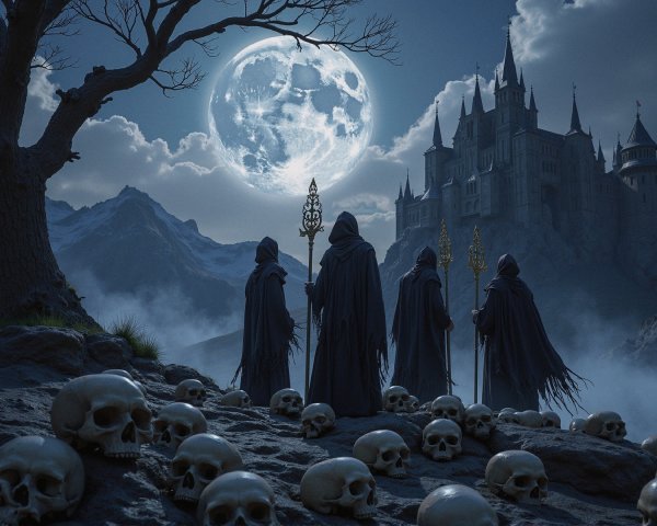 Cloaked Figures Before Eerie Castle Under Full Moon