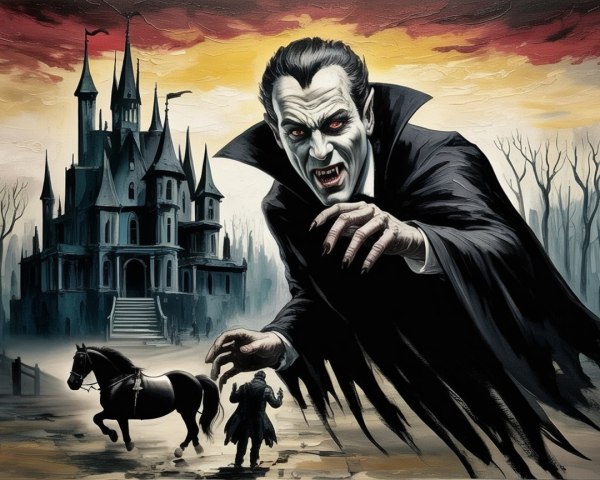 Vampire Over Dark Landscape with Haunted Castle