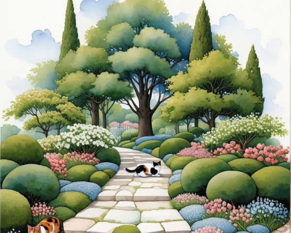 Tranquil Garden with Lush Greenery and Cats