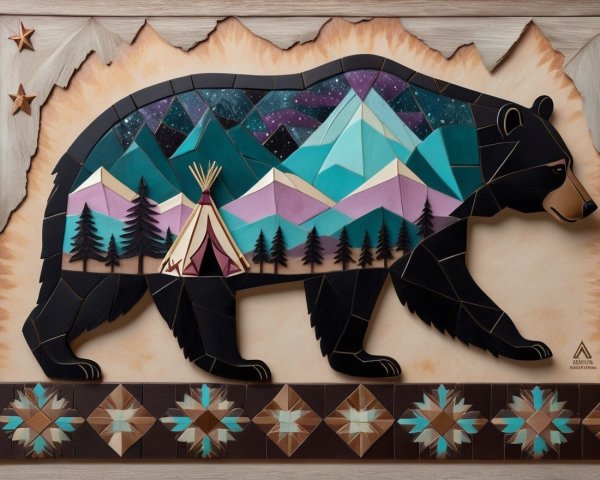 Colorful Bear Silhouette with Serene Landscape Elements