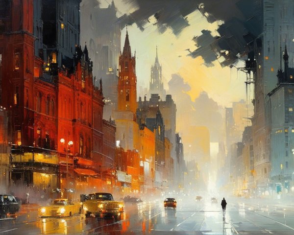 Vibrant Cityscape at Dusk with Historic Buildings