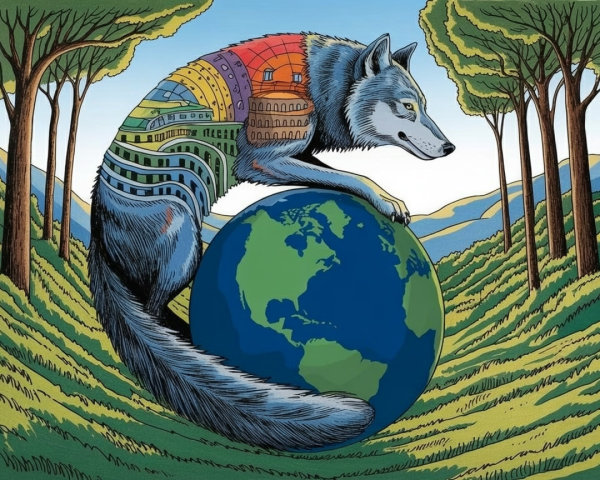 Wolf with Artistic Cityscapes on a Globe
