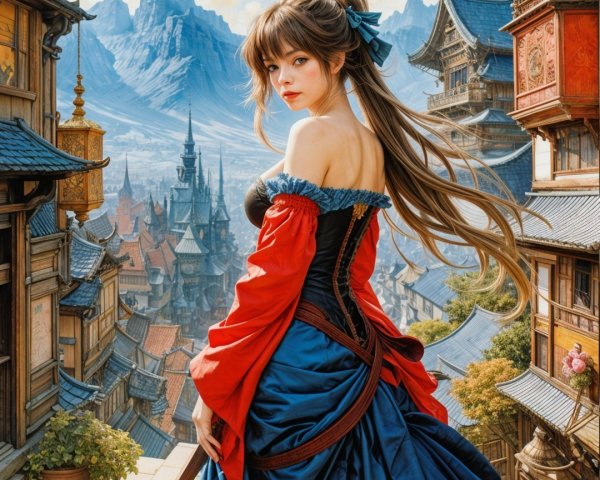 Fantasy Landscape with Young Woman on Balcony
