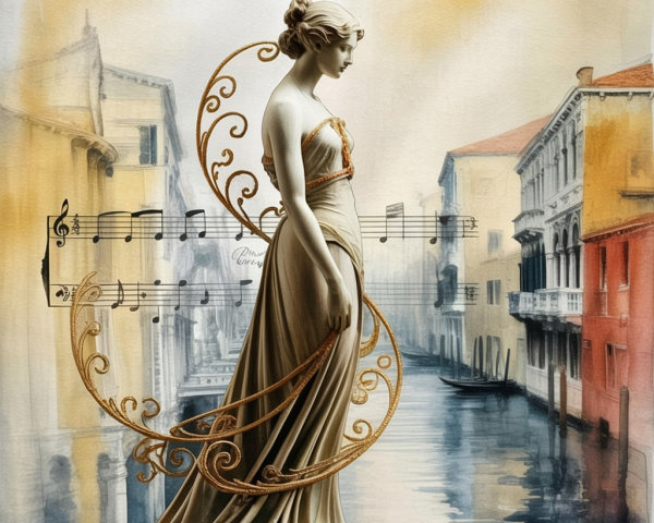 Statue of a Woman by a Serene Canal with Music Notes
