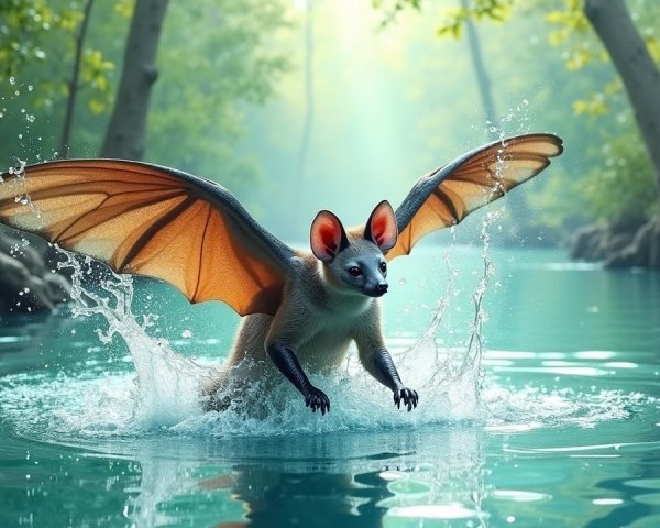 Whimsical Creature Flying Over a Turquoise River