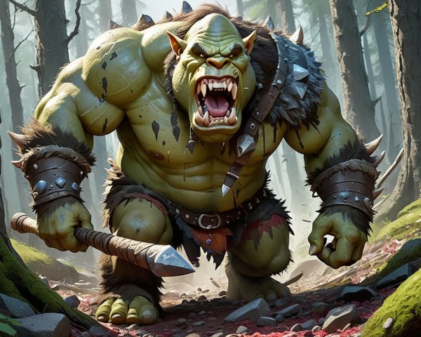 Muscular Orc in Misty Forest with Spear and Armor