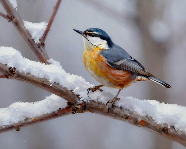 Oil Painting of a Nuthatch on a Snowy Branch