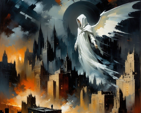 Dystopian Cityscape with Angelic Figure Above Buildings