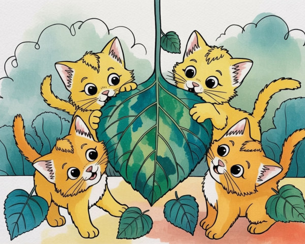 Cheerful Orange Kittens Play Around Green Leaf