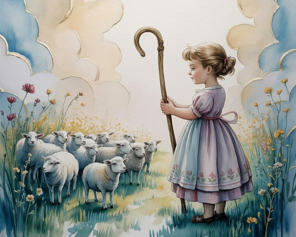 Young Girl with Shepherd's Staff in Pastoral Scene