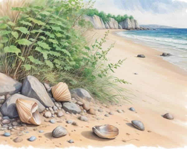 Tranquil Beach Scene with Sandy Shores and Waves
