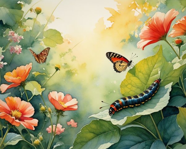 Vibrant Watercolor of a Lush Garden with Caterpillar