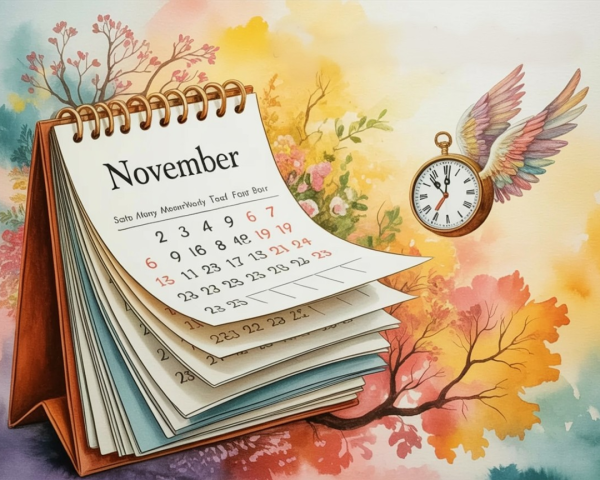 November Desk Calendar with Autumn Foliage and Clock