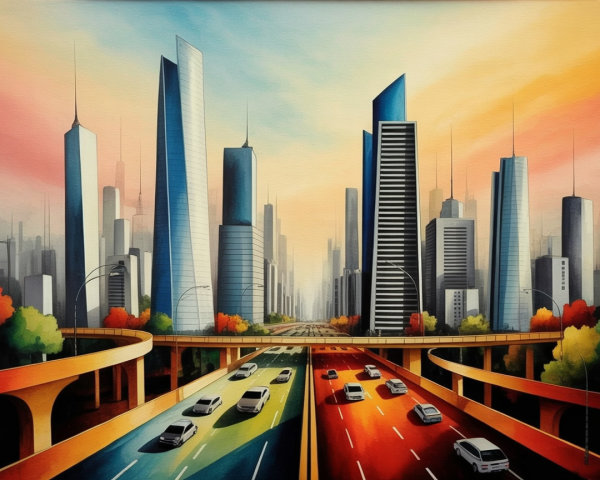 Vibrant Cityscape with Skyscrapers and Sunset Colors