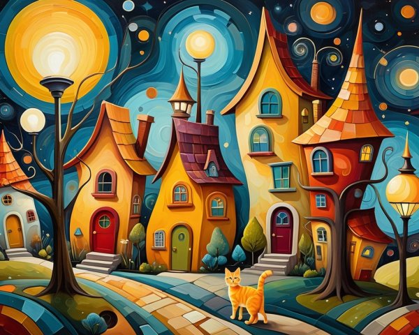 Whimsical Village Scene with Colorful Houses and Cat