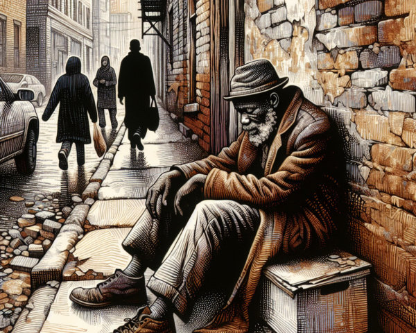 Elderly Man on Sidewalk in Gritty Urban Setting