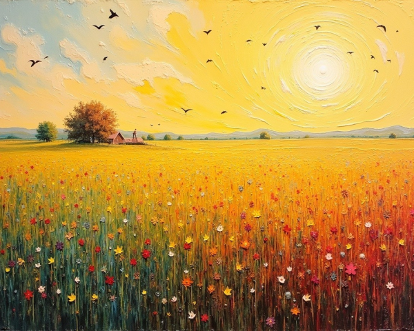 Vibrant Landscape with Golden Field and Farmhouse