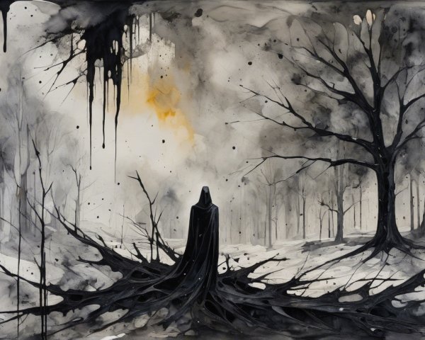 Shadowy Figure in Dark Cloak in Desolate Landscape