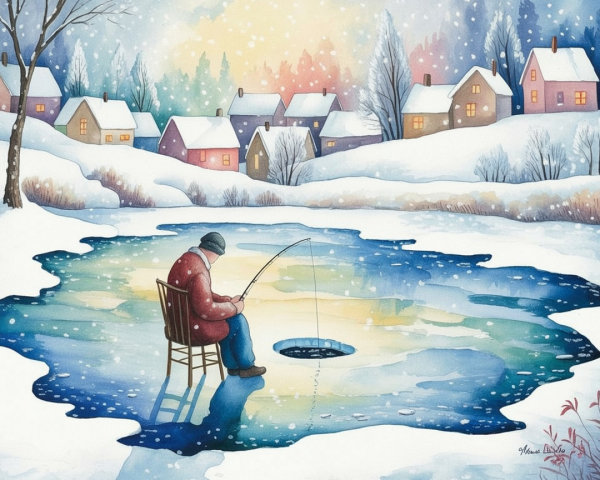 Watercolor of Man Ice Fishing on Snowy Frozen Lake