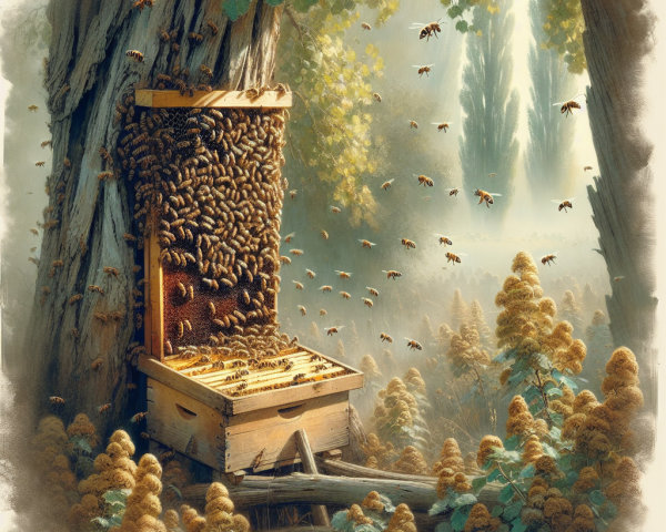 Wooden Beehive Surrounded by Golden Flowers in Forest