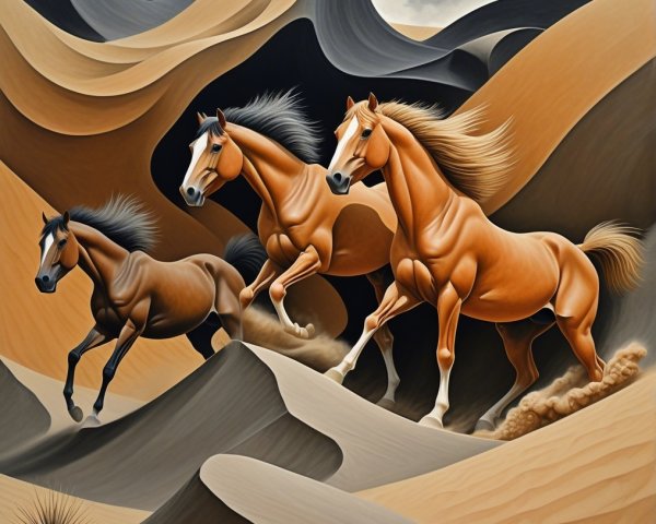 Horses Galloping Through Swirling Sand Dunes Landscape