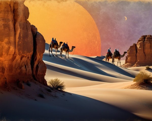 Desert Landscape with Sandstone Formations and Camels