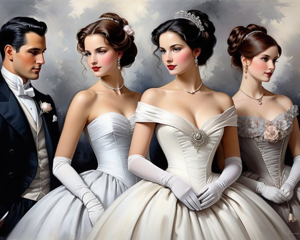 Stylish Man in Tuxedo with Elegant Women in Gowns