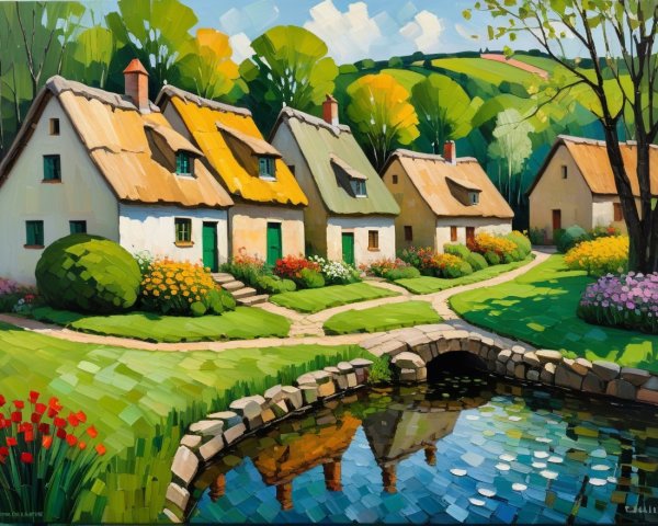 Serene Countryside Scene with Cottages and Gardens