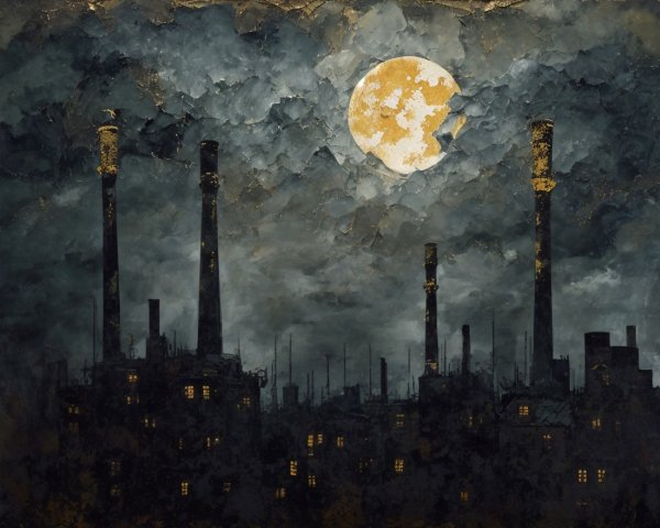 Silhouette of Industrial Buildings Under a Full Moon