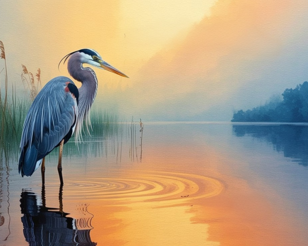 Heron by Calm Lake at Sunset with Warm Sky Hues