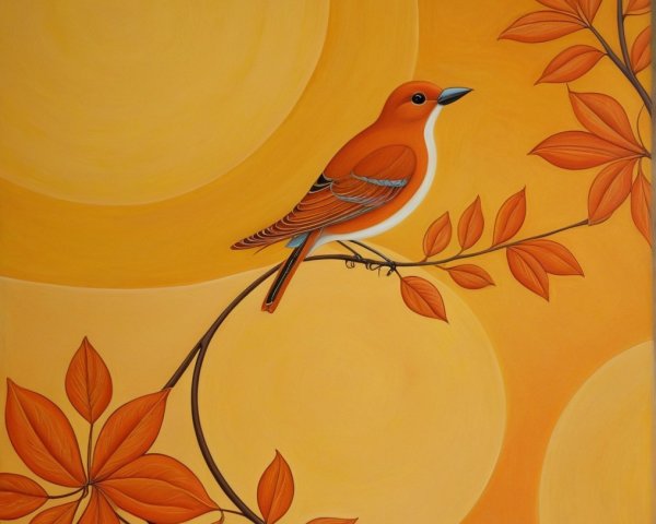 Vibrant Bird on Branch with Autumn Leaves Painting
